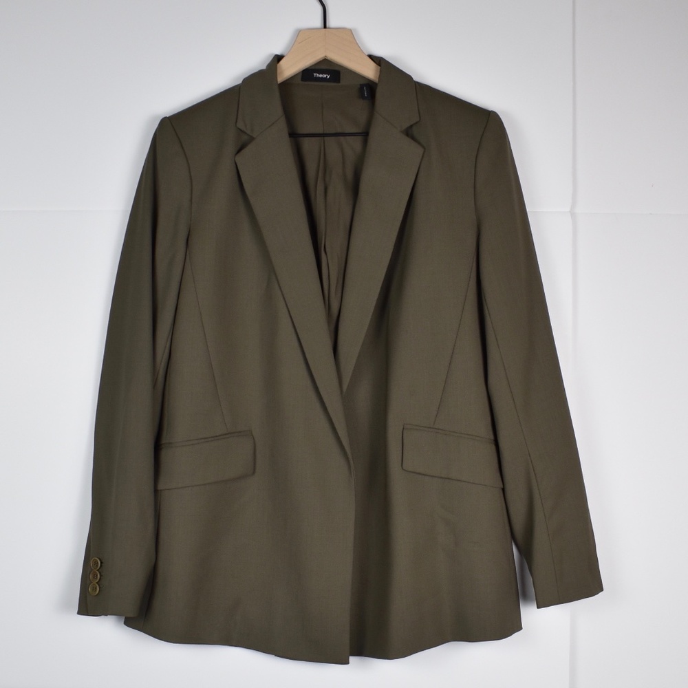 NEW Theory Sedeia LS Contour Open Front Wool Blazer in Military
